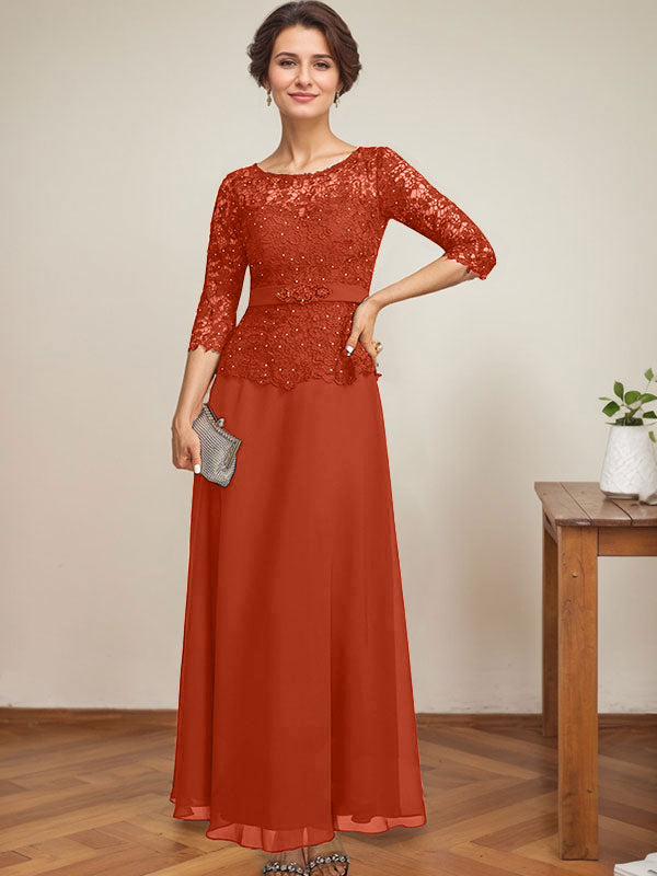 A-Linien-Kleid mit U-Boot-Ausschnitt, Illusion-Detail, knöchellang, aus Chiffon und Spitze mit Strassperlen für die Mutter der Braut. 