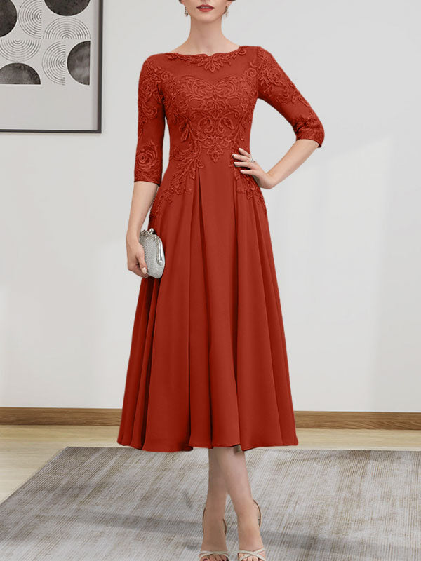 A-Linien-Kleid mit U-Boot-Ausschnitt, Illusion-Detail, Teelänge, Chiffonspitze, Perlenstickerei und Pailletten für die Mutter der Braut
