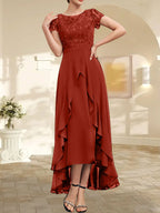 A-Linien-Kleid mit asymmetrischem Chiffon-Spitzenausschnitt, Schleife, Rüschen und Pailletten für die Mutter der Braut 