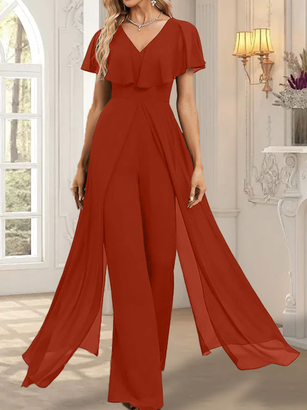 Vestido de noche de gasa con escote en V y largo hasta el suelo, tipo mono/pantalón
