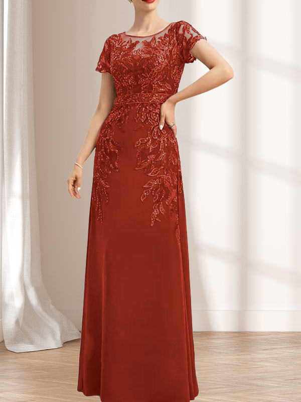 Vestido de gasa con encaje y lentejuelas para madre de la novia, largo hasta el suelo, con escote redondo e ilusión