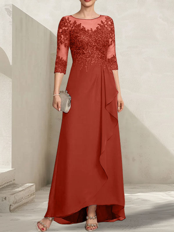 A-Linien-Kleid mit asymmetrischem, transparentem Chiffon-Spitzenausschnitt, Pailletten und Kaskadenrüschen für die Mutter der Braut