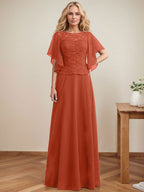 A-Linien-Kleid mit Rundhalsausschnitt, Illusion-Effekt, bodenlang, aus Chiffon und Spitze mit Pailletten – das perfekte Brautmutterkleid 