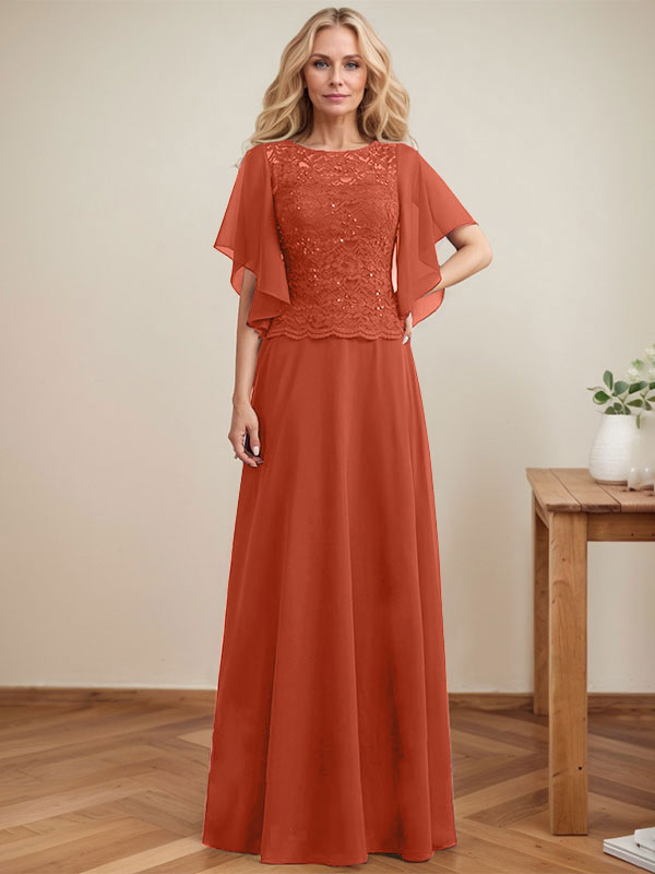 Vestido de madre de la novia de gasa con encaje, ilusión, largo hasta el suelo, corte A y lentejuelas 