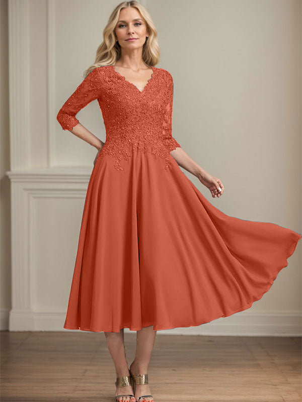 A-Linien-Kleid aus Chiffonspitze mit V-Ausschnitt, Teelänge, Perlen- und Paillettenstickerei für die Mutter der Braut 