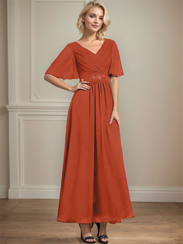 Vestido de gasa para madre de la novia, corte A, escote en V, largo hasta los tobillos, con lentejuelas y cuentas plisadas