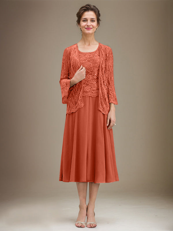 Vestido de gasa con encaje y lentejuelas para madre de la novia, corte A, escote redondo y largo hasta la rodilla 