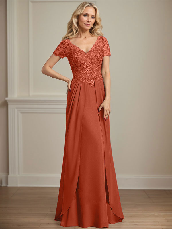 Vestido de gasa con encaje y escote en V hasta el suelo para madre de la novia