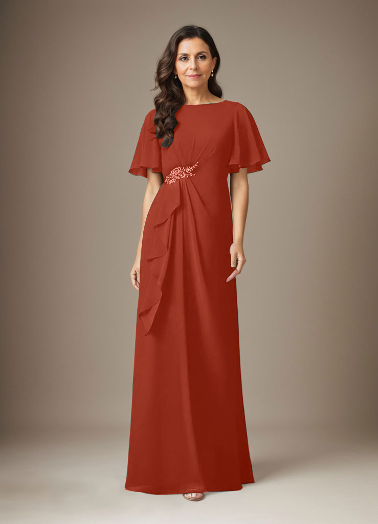 Dunkelblaues Etuikleid aus Chiffon mit Perlenbesatz