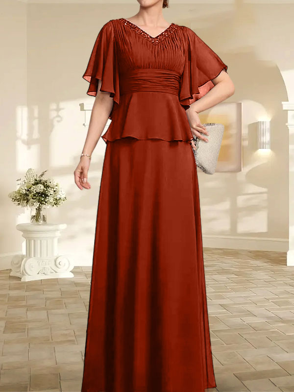 Vestido de gasa para madre de la novia, corte A, escote en V, largo hasta el suelo, con cuentas plisadas