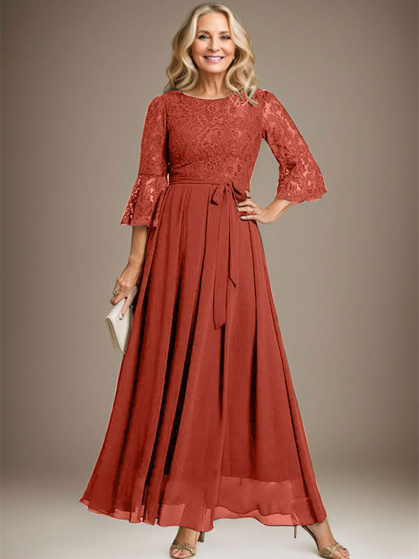 Vestido de gasa con encaje y lazo para madre de la novia, corte A, escote redondo hasta los tobillos