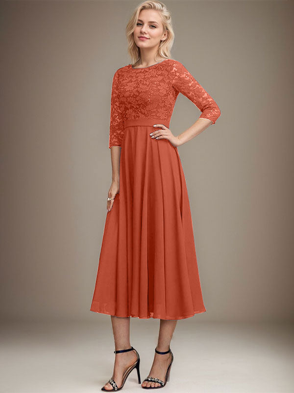 A-Linien-Kleid mit Rundhalsausschnitt, Teelänge, Spitze, Chiffon, Pailletten, für die Mutter der Braut