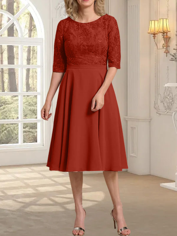 Vestido de gasa con encaje y escote redondo hasta la rodilla para madre de la novia
