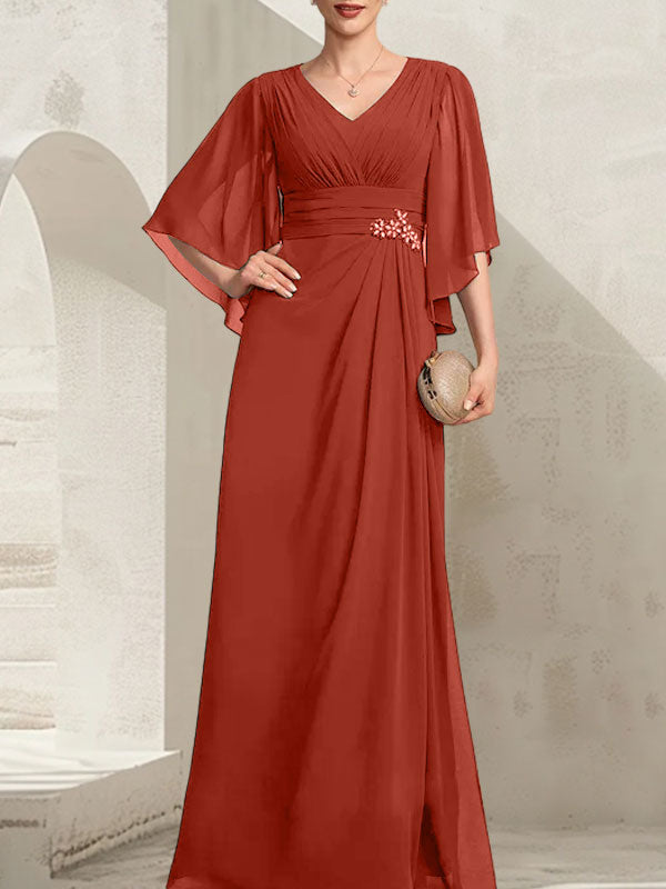 Vestido de gasa para madre de la novia, con escote en V, largo hasta el suelo, con lentejuelas plisadas y abalorios.