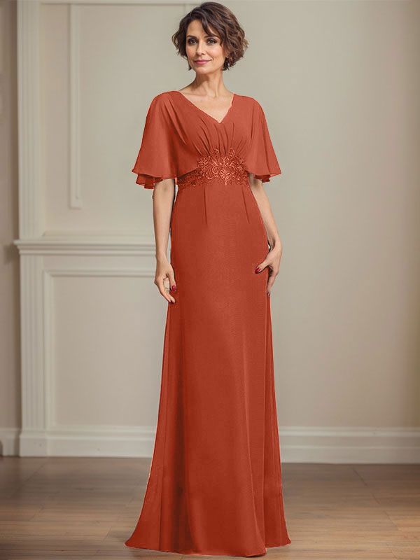 A-Linien-Kleid aus Chiffon mit V-Ausschnitt, bodenlang, für die Mutter der Braut, mit plissierten Paillettenapplikationen und Spitze