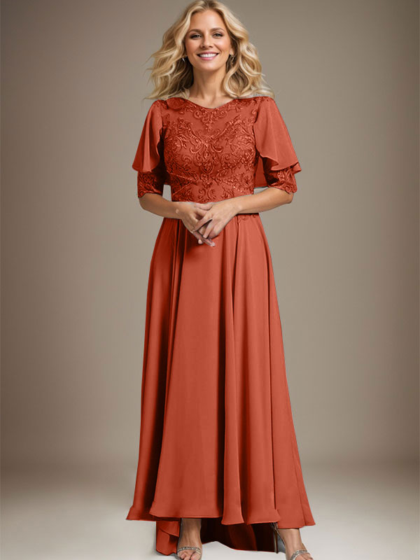 A-Linien-Kleid mit asymmetrischem Chiffon-Spitzenausschnitt und Perlenstickerei für die Mutter der Braut. 