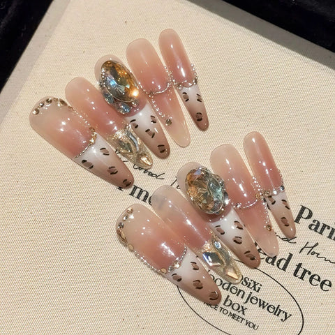 10 uñas postizas francesas con estampado de leopardo vintage Y2K, uñas postizas marrón oscuro hechas a mano con lentejuelas brillantes. 