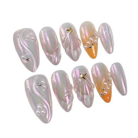 10 uñas postizas Aurora con diseño de conchas 3D, diseño de estrellas Y2K, color naranja degradado y almendra, manicura hecha a mano. 