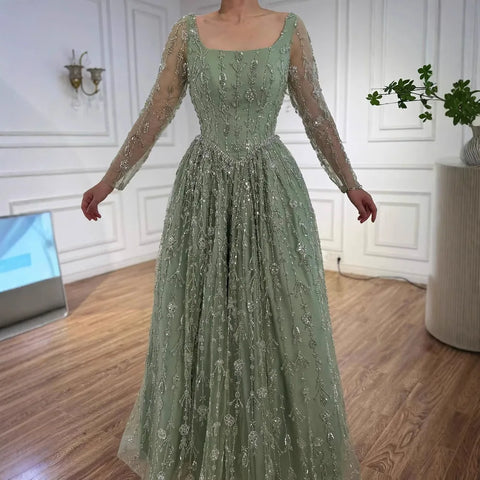 Luxury Sage Green Beaded Evening Dress with Long Sleeves LA72805B