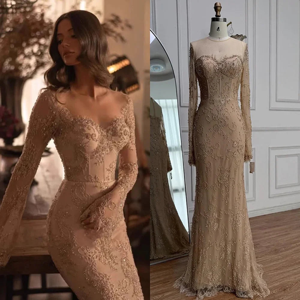 Vestido de noche de sirena con encaje árabe y cuentas, de lujo, con mangas LA72545 