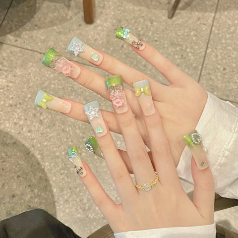 10 uñas postizas francesas con degradado verde, diseño 3D de oso, lazos, perla, estrella, corazón, decoración, hechas a mano, manicura de pico de pato. 