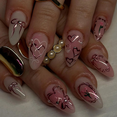 24 uñas postizas con diseño de tulipán en color negro, francés, rubor, almendra y lazos, con bonitos diseños de conejos Y2K. 