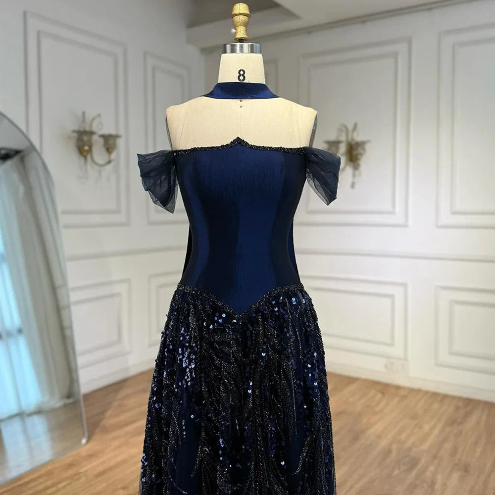 Luxury Arabic Navy A-Line Evening Dress with Beaded