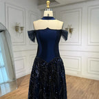 Luxury Arabic Navy A-Line Evening Dress with Beaded