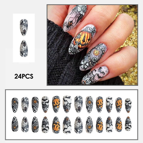 24 uñas postizas con temática de Halloween, color almendra brillante, negro oscuro, con estampado de calabaza, araña y murciélago. 