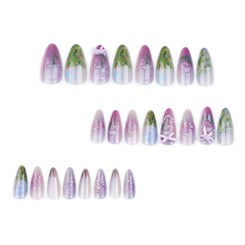 24 uñas postizas de almendra moradas claras con lazos pequeños y decoración de perlas, uñas postizas desmontables para primavera y verano. 