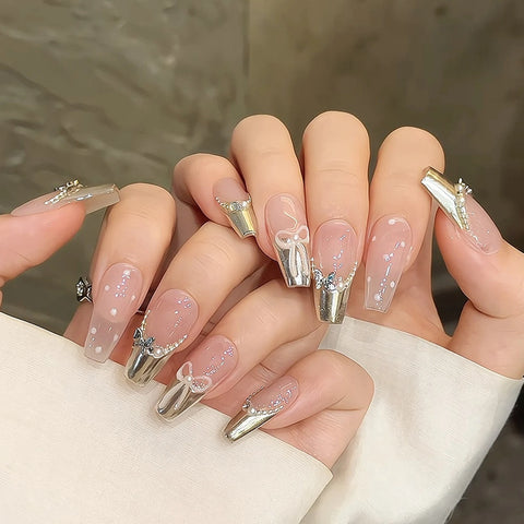 10 Stück handgefertigte französische Spitzen, falsche Nägel, mittellang, Sarg, künstliche Nägel, Metall, Schmetterling, Perle, Schleifen, Designs zum Aufdrücken der Nägel 