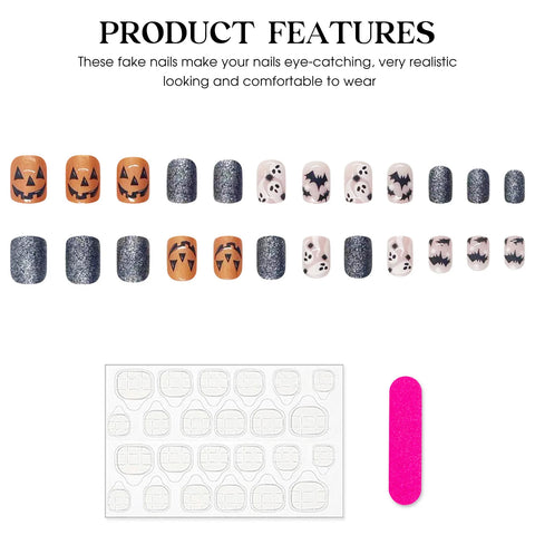 24 uñas postizas con lentejuelas brillantes para fiesta de Halloween, cortas, cuadradas, con estampado de fantasma, calabaza y murciélago, cobertura total. 