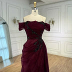 Elegantes weinrotes schulterfreies Abendkleid aus Spitze mit Applikationen LA73010