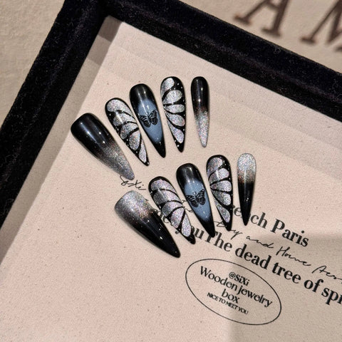 10 Stück Y2k Lange Stiletto Falsche Nagelspitzen Farbverlauf Schwarz Metall Herz Kreuz Dekor Handgemacht Aufdrücken Nägel Süße Coole DIY Maniküre 