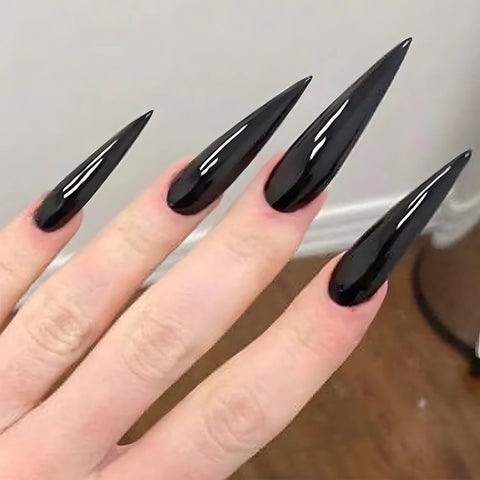 24 parches de uñas postizas largas y puntiagudas, brillantes, negras oscuras, modernas y usables, de color sólido, cobertura total. 