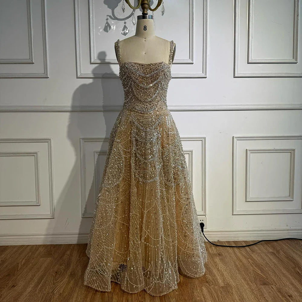 Luxuriöses, nudefarbenes A-Linien-Abendkleid mit Perlen und Kristallen LA72983A 