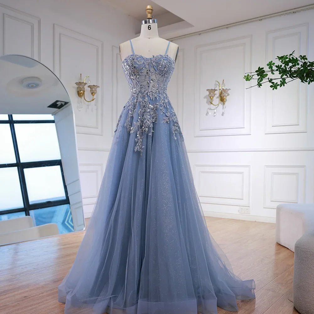 Luxuriöses graues Tüll-Abendkleid in A-Linie mit floralen Applikationen LA73015