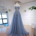Luxuriöses graues Tüll-Abendkleid in A-Linie mit floralen Applikationen LA73015