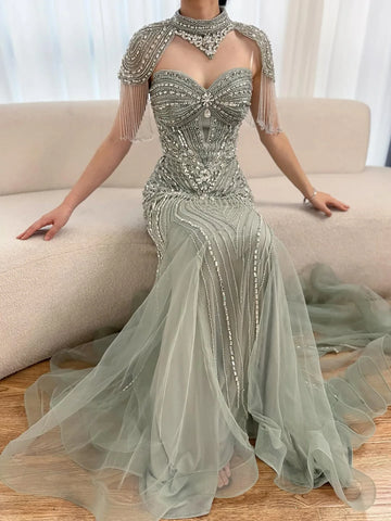 Luxury Nude Beaded High Neck Mermaid Evening Dress LA72897