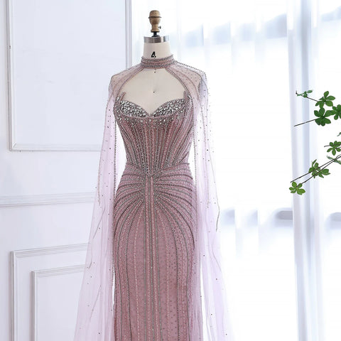 Luxury Dubai Caramel Beaded Evening Dress With Cape LA72811C