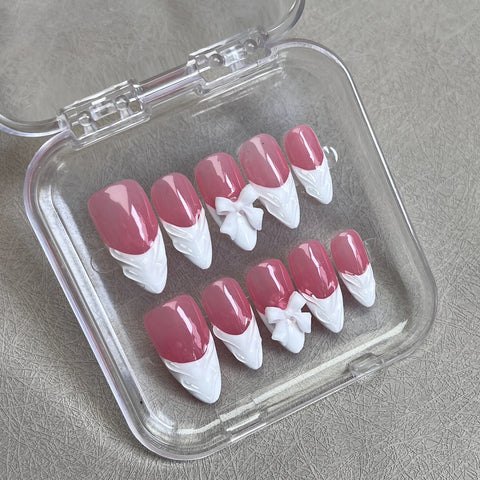 10 Stück weiße, handgefertigte französische Kunstnägel mit 3D-Schleifendesign, zum Aufdrücken der Nägel, rosa, abnehmbare, mandelförmige Kunstnägel 