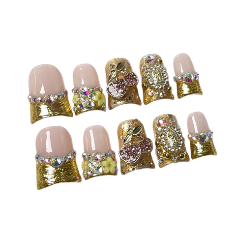 10 uñas postizas hechas a mano, estilo retro, con lámina dorada, estilo francés, forma de cereza, diamante, pico de pato, de lujo. 