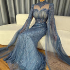 Vestido de noche de sirena azul de lujo con capa LA73006