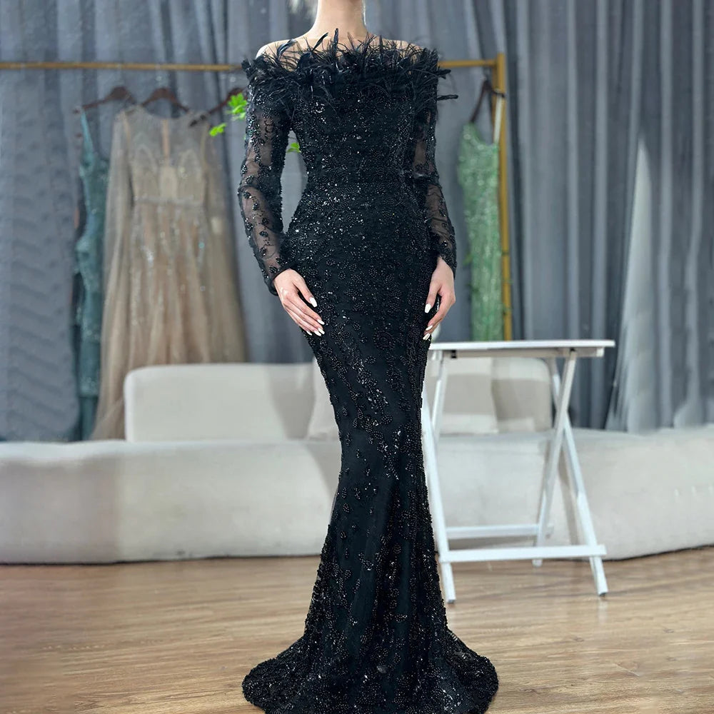 Luxuriöses, grünes Abendkleid mit langen Ärmeln, Federn und Perlenbesatz aus Dubai LA72553