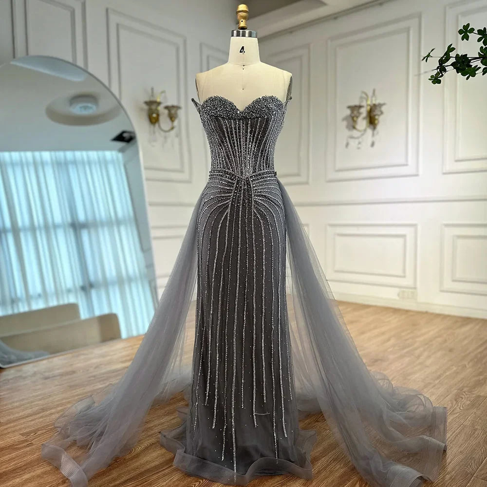 Abendkleid im arabischen Meerjungfrauenstil mit rosa Perlen und Überrock, besetzt mit rosa Perlen, LA72811B
