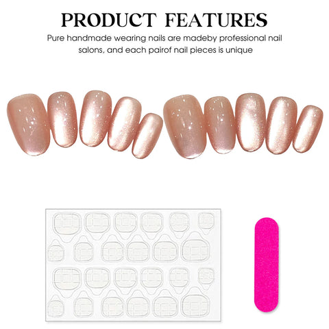 10pcs Handmade Press On Nails Glossy Nude Color Flash Cat's Eye False Nail Tips Full Cover Ballerina Wearable Fake Nail Patches