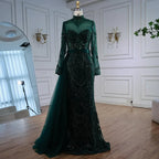 Luxuriöses braunes Meerjungfrauen-Abendkleid mit Perlenbesatz und seitlichem Überrock LA71913A