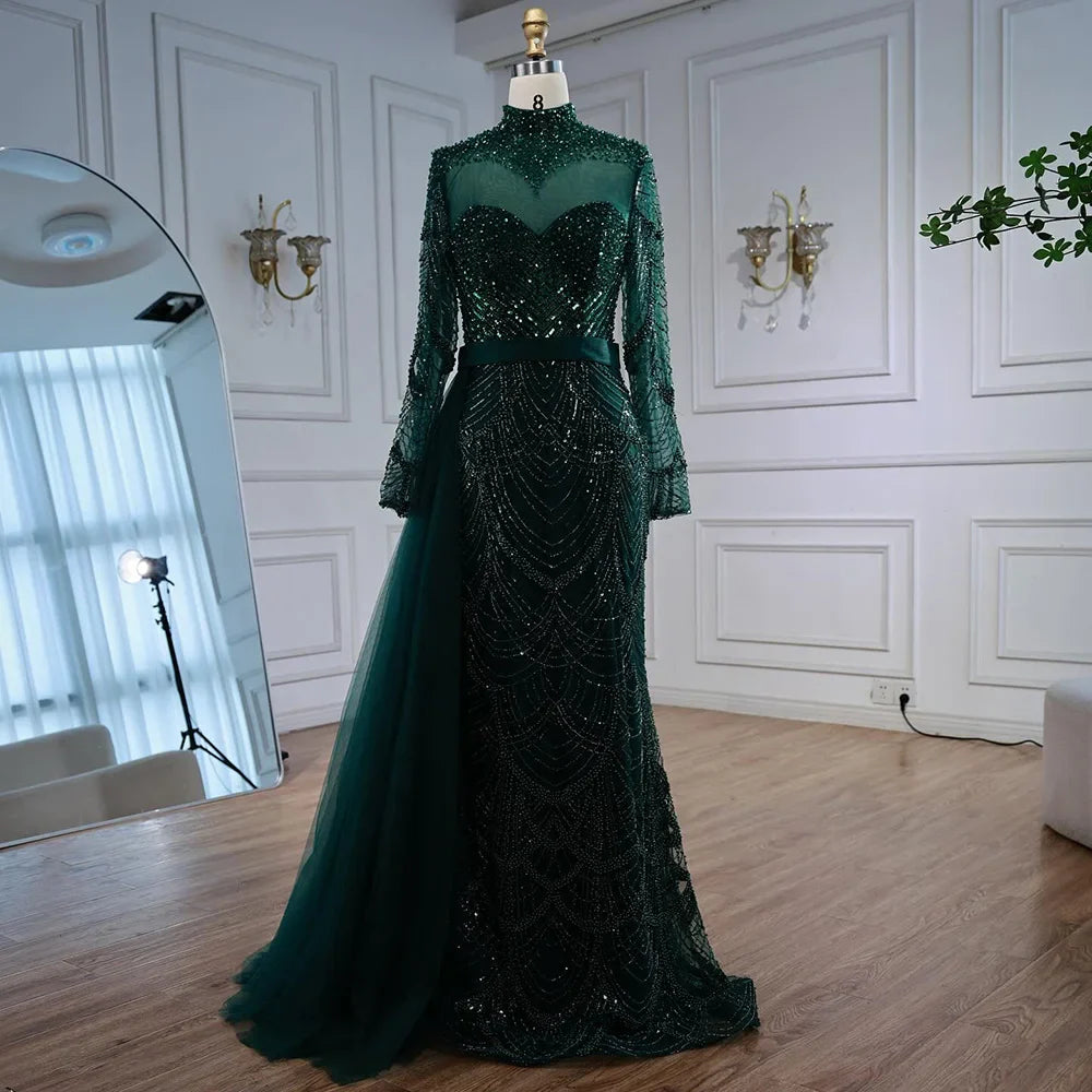 Luxuriöses braunes Meerjungfrauen-Abendkleid mit Perlenbesatz und seitlichem Überrock LA71913A