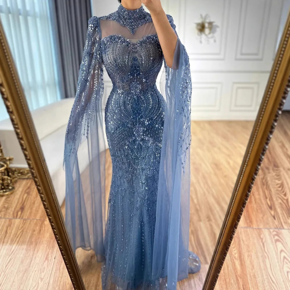 Luxuriöses, schlichtes blaues Meerjungfrauen-Abendkleid mit Cape LA73006