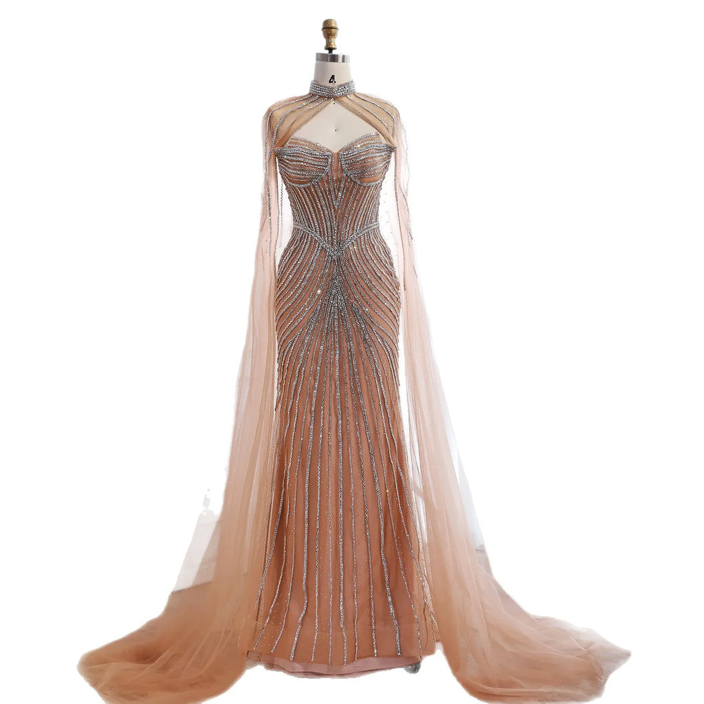 Luxuriöses, nudefarbenes Meerjungfrauen-Abendkleid mit Cape-Ärmeln LA73118